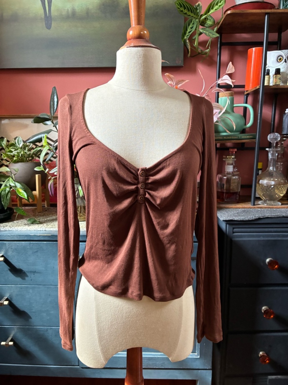 Women's large ribbed Sunday Best Aritzia Brown Long-Sleeve Ruched Front Top